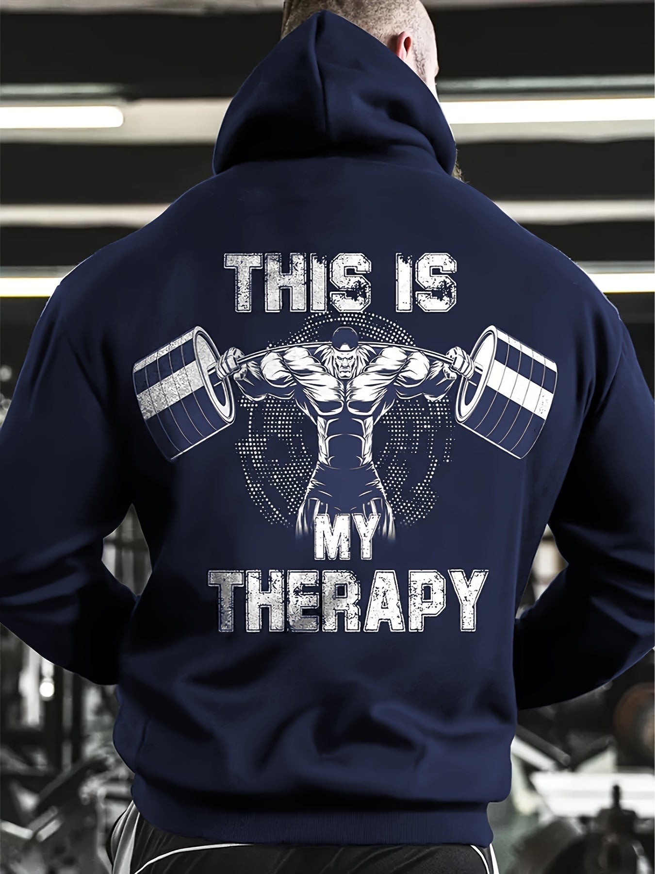 Men's Athletic Hoodie with "This Is My therapy Muscle Graphic - Black, Long Sleeve, Kangaroo Pocket, Stretch Polyester Fabric, Casual Fitness & Outdoor Wear