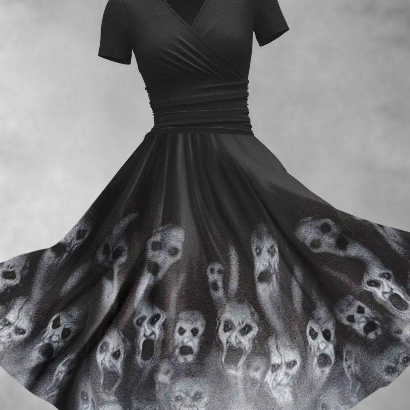 Plus Size, Women's Halloween Party Dress - V-Neck Long flared skirt, Black & Gray Gothic Print, Machine Washable Formal & Everyday Outfits for Halloween Events & Casual Attire