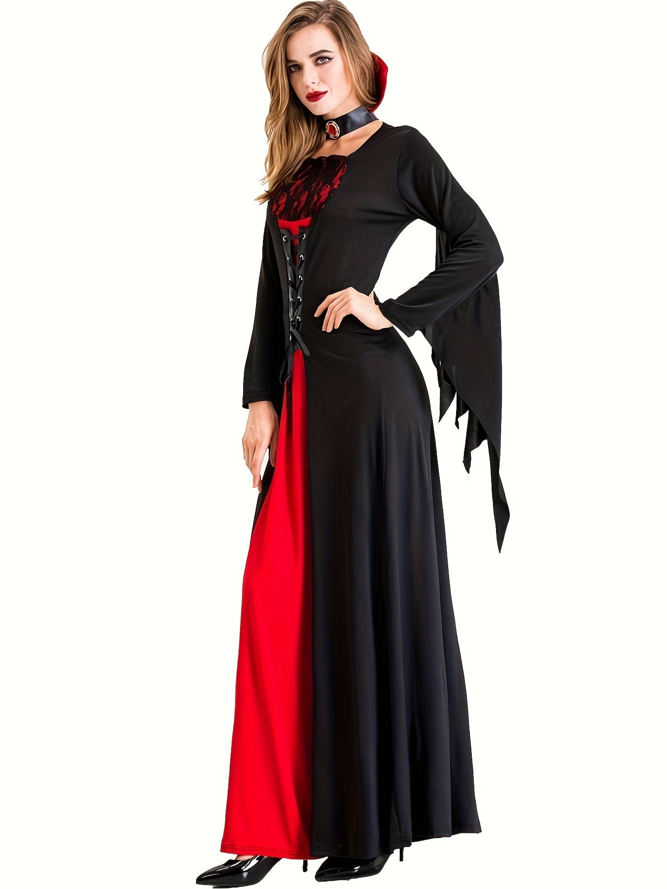 False Lace Dress with Laces for Halloween, Long Sleeve Dress for Vampire Cosplay, Women's Clothing, Carnival