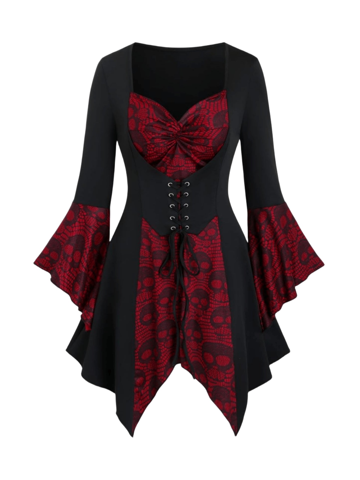 Gothic Style Plus Size Women's Top with Skull Print, Tie Waist Bell Sleeves, Casual Knit Fabric Pullover with Cross Straps, Halloween Pattern, Spring/Fall Collection