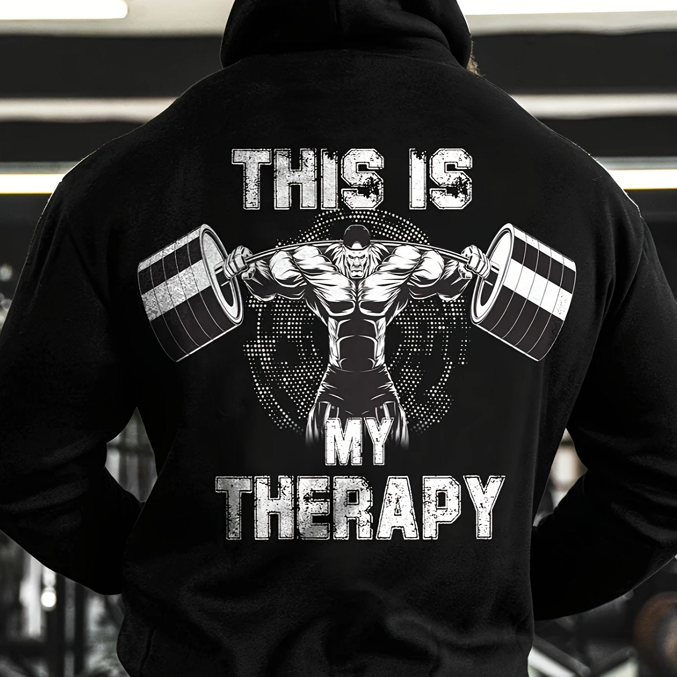 Men's Athletic Hoodie with "This Is My therapy Muscle Graphic - Black, Long Sleeve, Kangaroo Pocket, Stretch Polyester Fabric, Casual Fitness & Outdoor Wear