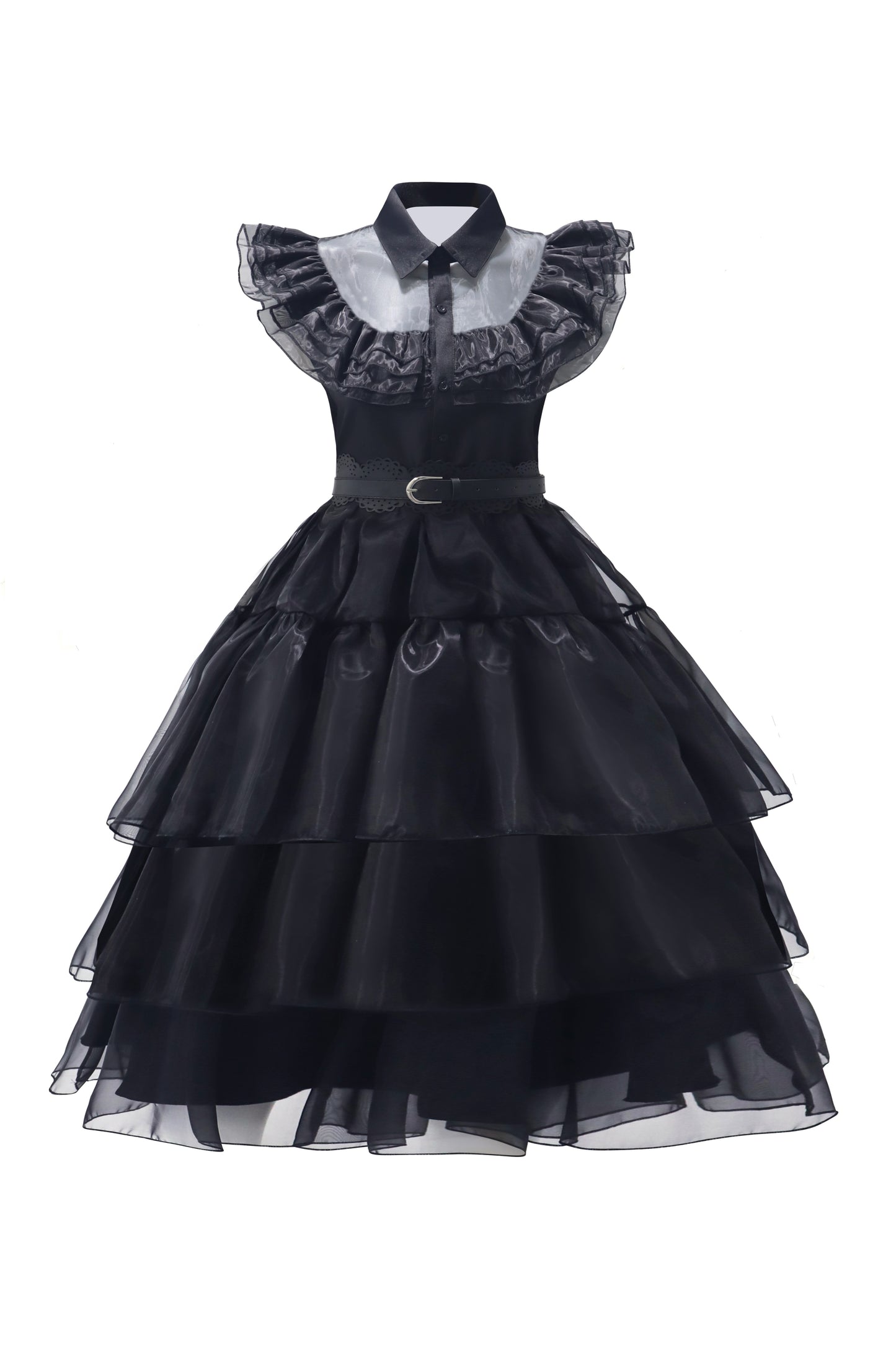 Gothic Cosplay Mesh Dress, Shirt Collar Tiered Goth Dress For Party, Women's Clothing