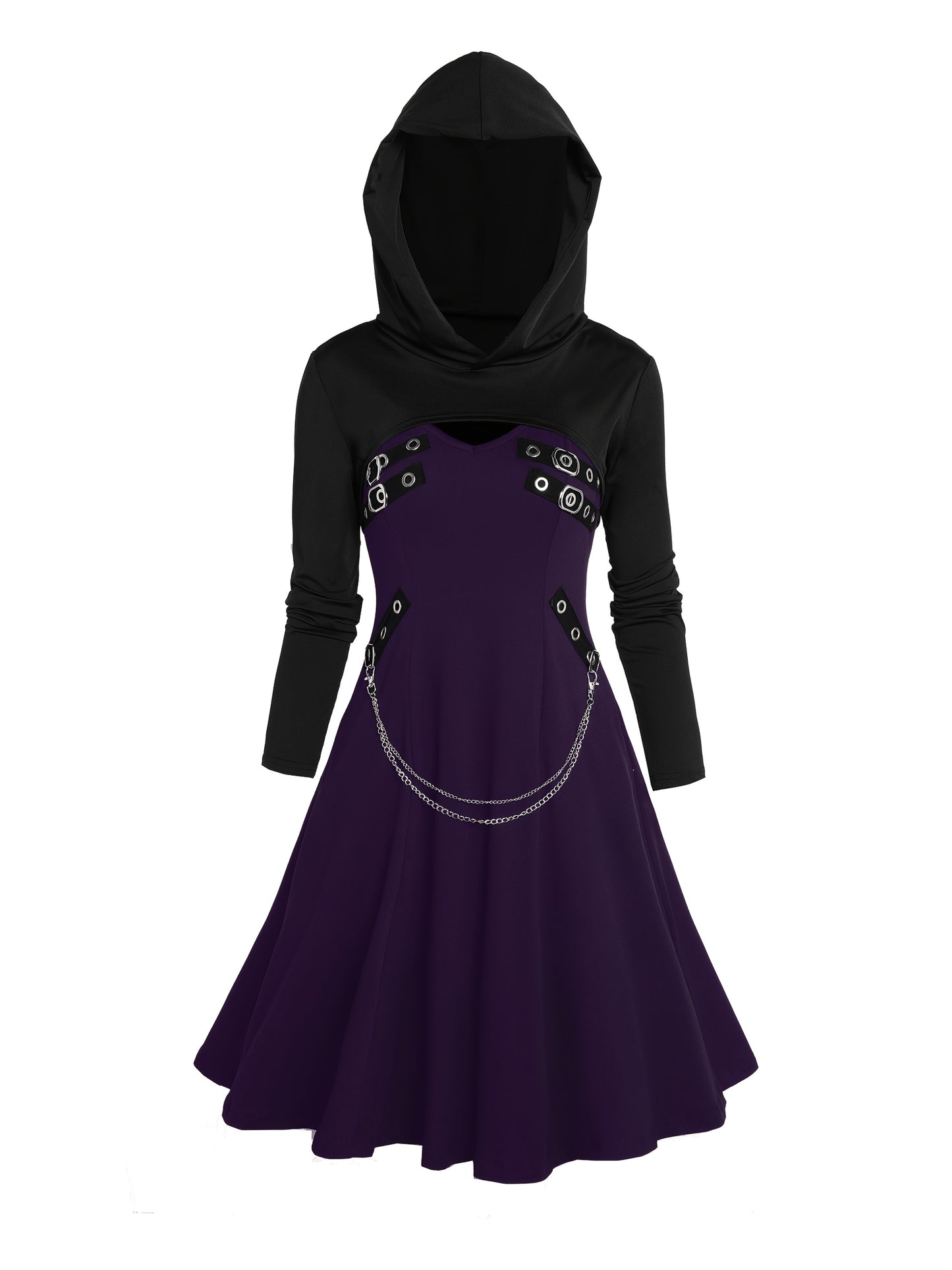 Rock Gothic Metal Piece Decorated V-Neck Vest Dress with Hooded Long Sleeve Top Two-Piece Set, Unique Gothic Style Detachable Chain Vest Skirt and Curved Hem Caped Long Sleeve Shirt, Versatile Separates Women's Outfit for Par