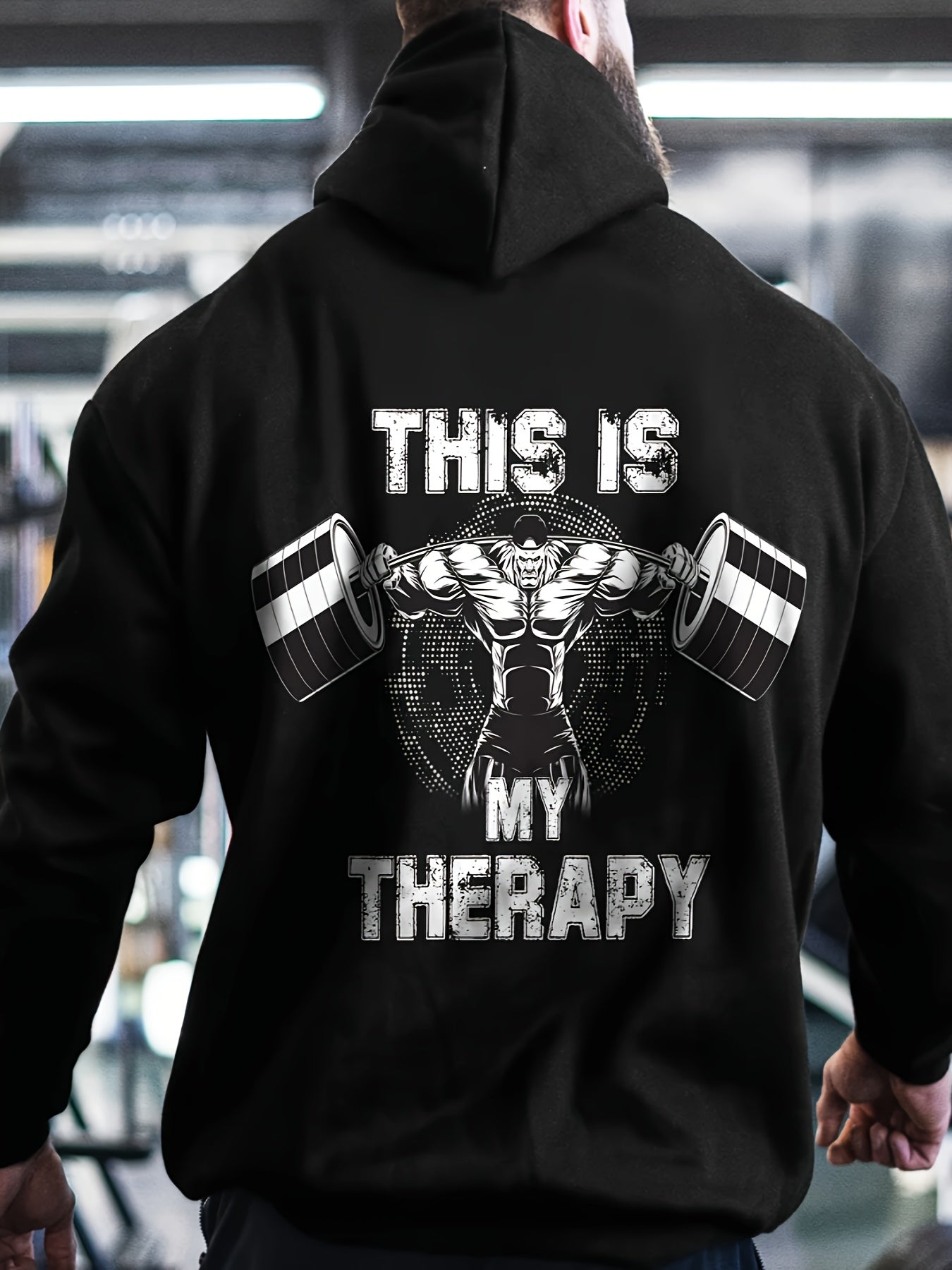 Men's Athletic Hoodie with "This Is My therapy Muscle Graphic - Black, Long Sleeve, Kangaroo Pocket, Stretch Polyester Fabric, Casual Fitness & Outdoor Wear