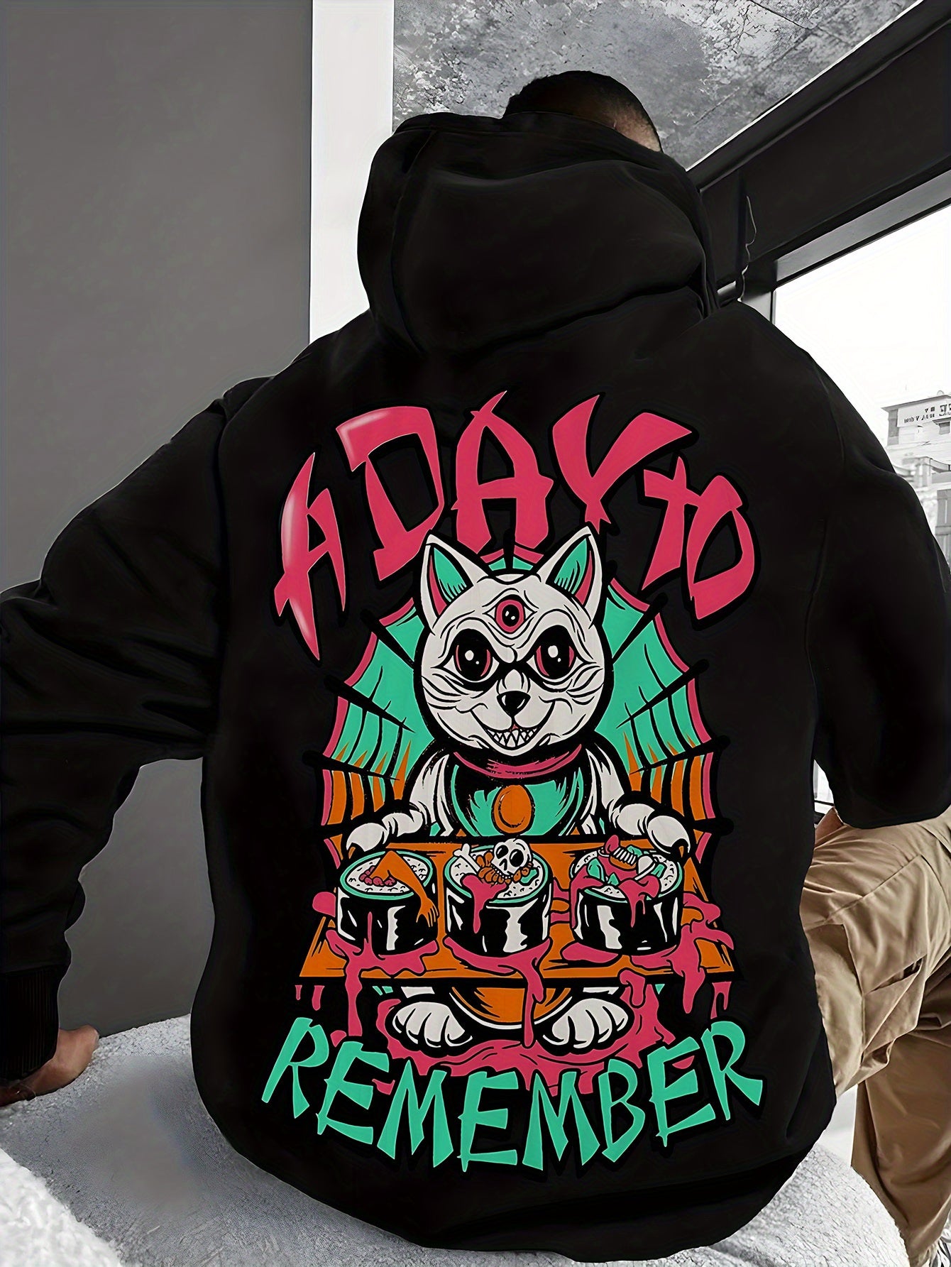 Handsome Men'S Hoodie with English Letters And Horror Elements Printed on It. Evil Kitten Cartoon Versatile Printed Hoodie with Pocket Details for Easy Release And Storage. Soft And Comfortable Fabric Is The Best Choice