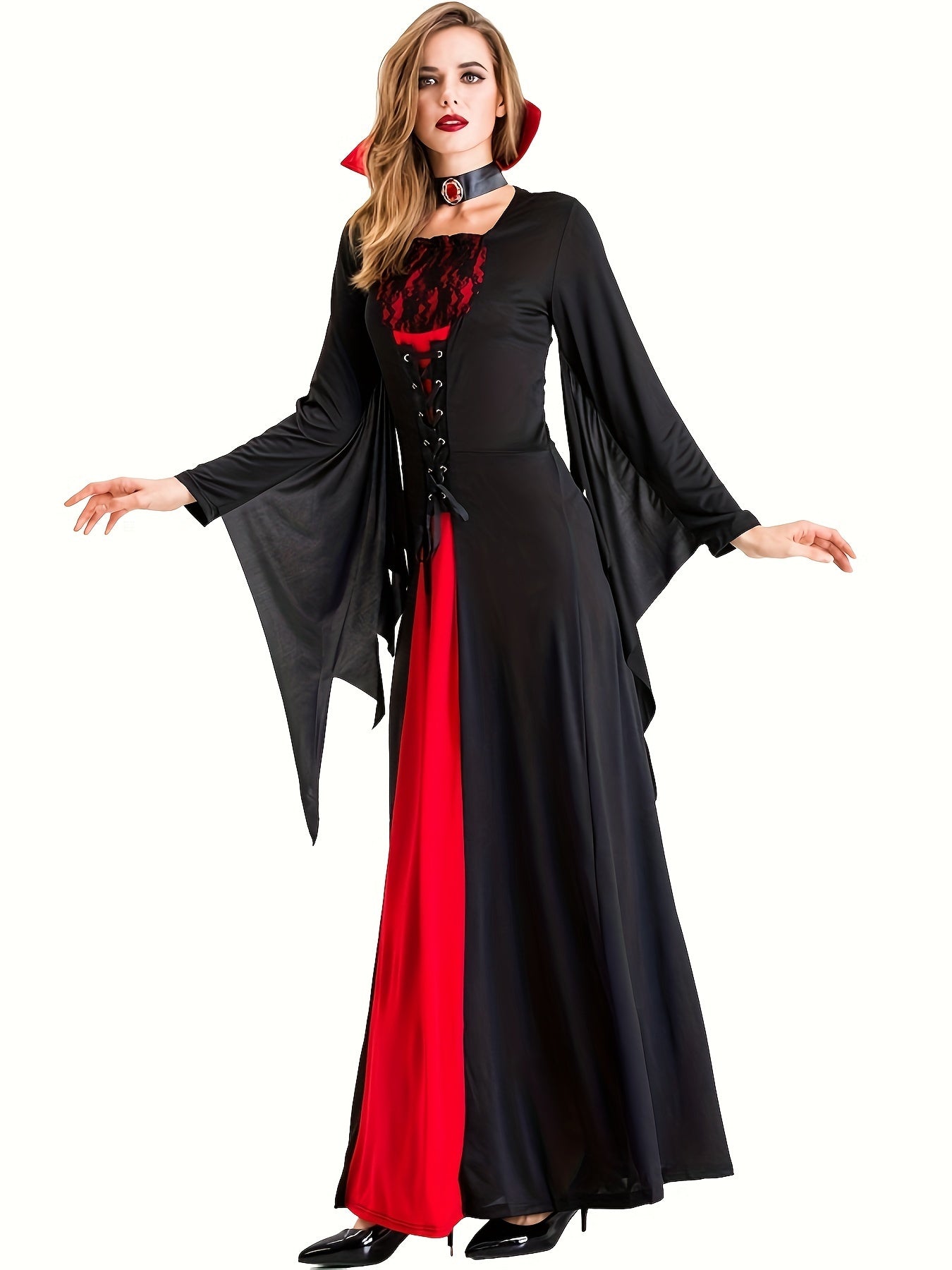 False Lace Dress with Laces for Halloween, Long Sleeve Dress for Vampire Cosplay, Women's Clothing, Carnival