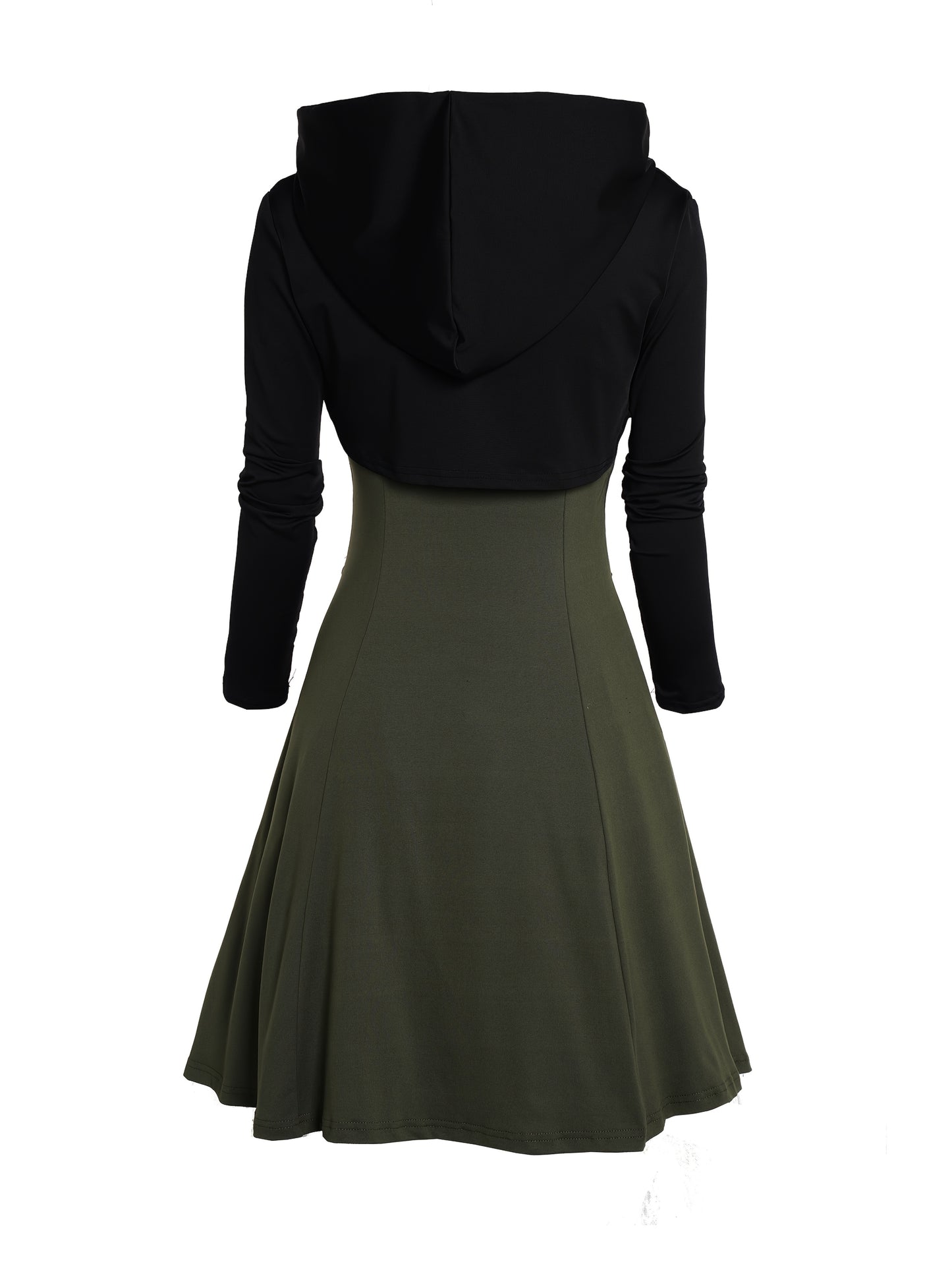 Rock Gothic Metal Piece Decorated V-Neck Vest Dress with Hooded Long Sleeve Top Two-Piece Set, Unique Gothic Style Detachable Chain Vest Skirt and Curved Hem Caped Long Sleeve Shirt, Versatile Separates Women's Outfit for Par