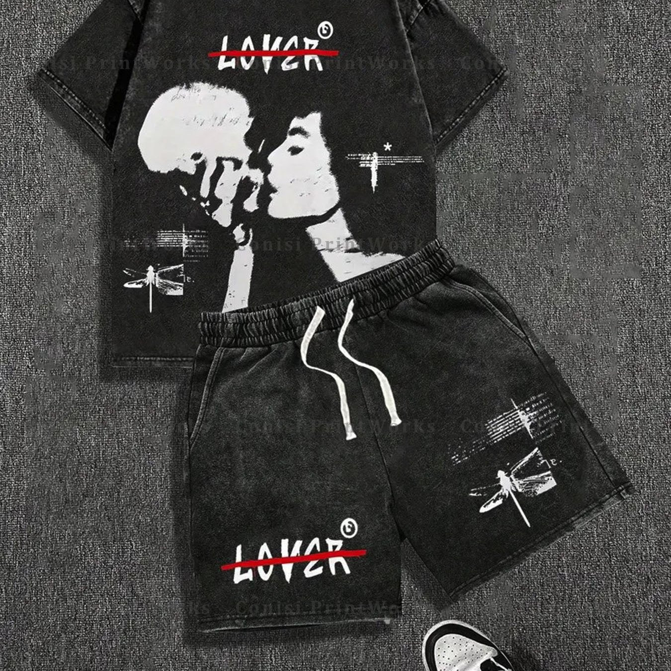 Washed Set, 230g Washed T-shirt, 290g Washed Shorts, Kiss Skull Printed Washed Set, High Quality Wax Cotton Suitable for Outdoor Sports in Summer, Casual Shorts T-shirt Shorts Set, Festival Gift, Perfect Gift