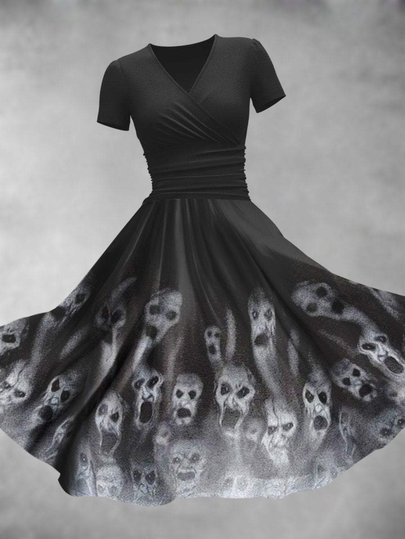 Plus Size, Women's Halloween Party Dress - V-Neck Long flared skirt, Black & Gray Gothic Print, Machine Washable Formal & Everyday Outfits for Halloween Events & Casual Attire
