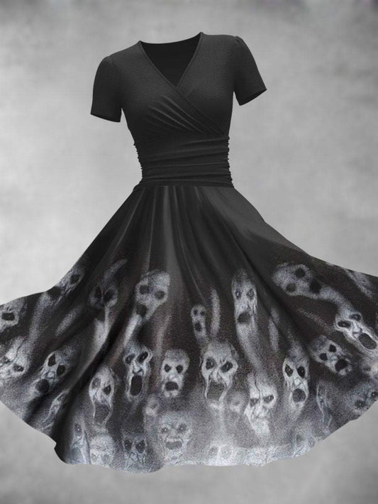 Plus Size, Women's Halloween Party Dress - V-Neck Long flared skirt, Black & Gray Gothic Print, Machine Washable Formal & Everyday Outfits for Halloween Events & Casual Attire