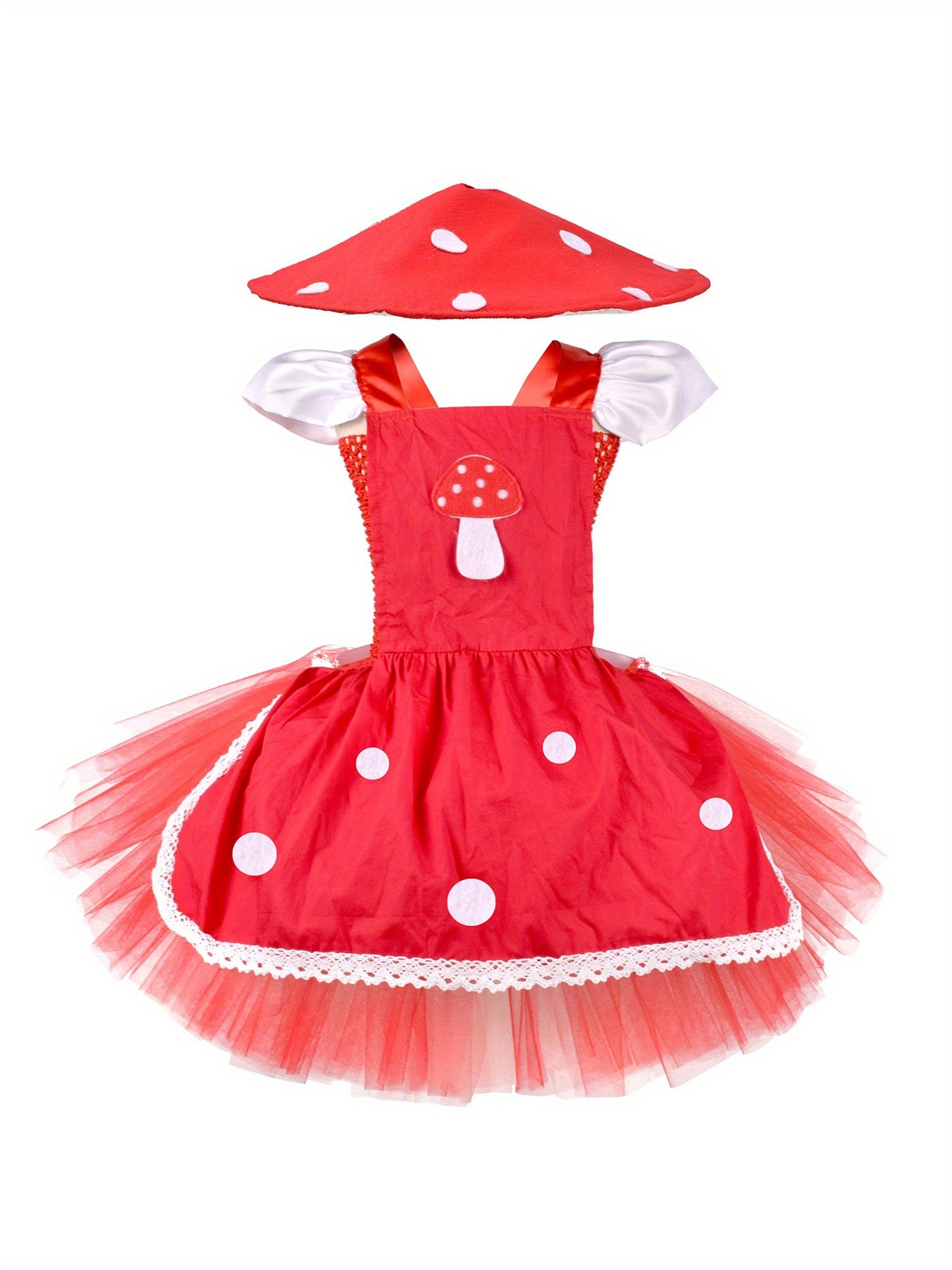 Charming Girls' Mushroom Set with Flutter Sleeves, Tulle Dress & Matching Hat