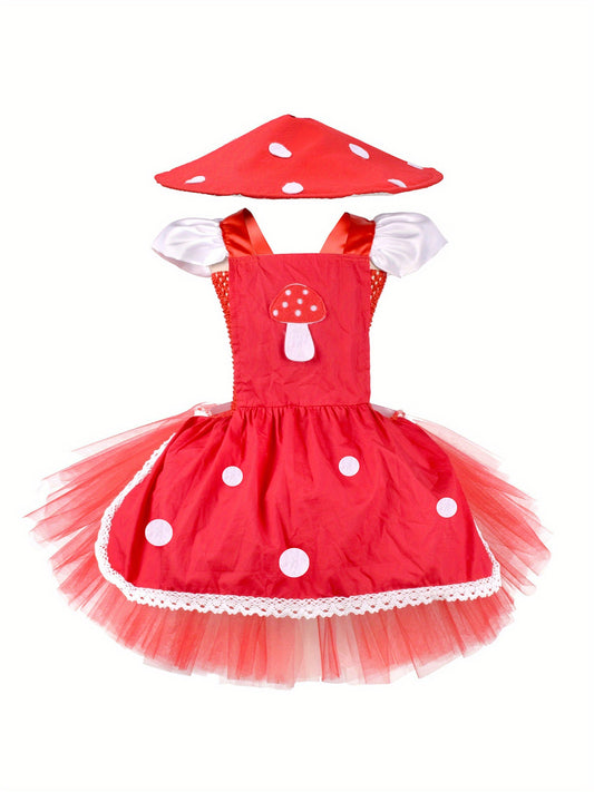 Charming Girls' Mushroom Set with Flutter Sleeves, Tulle Dress & Matching Hat