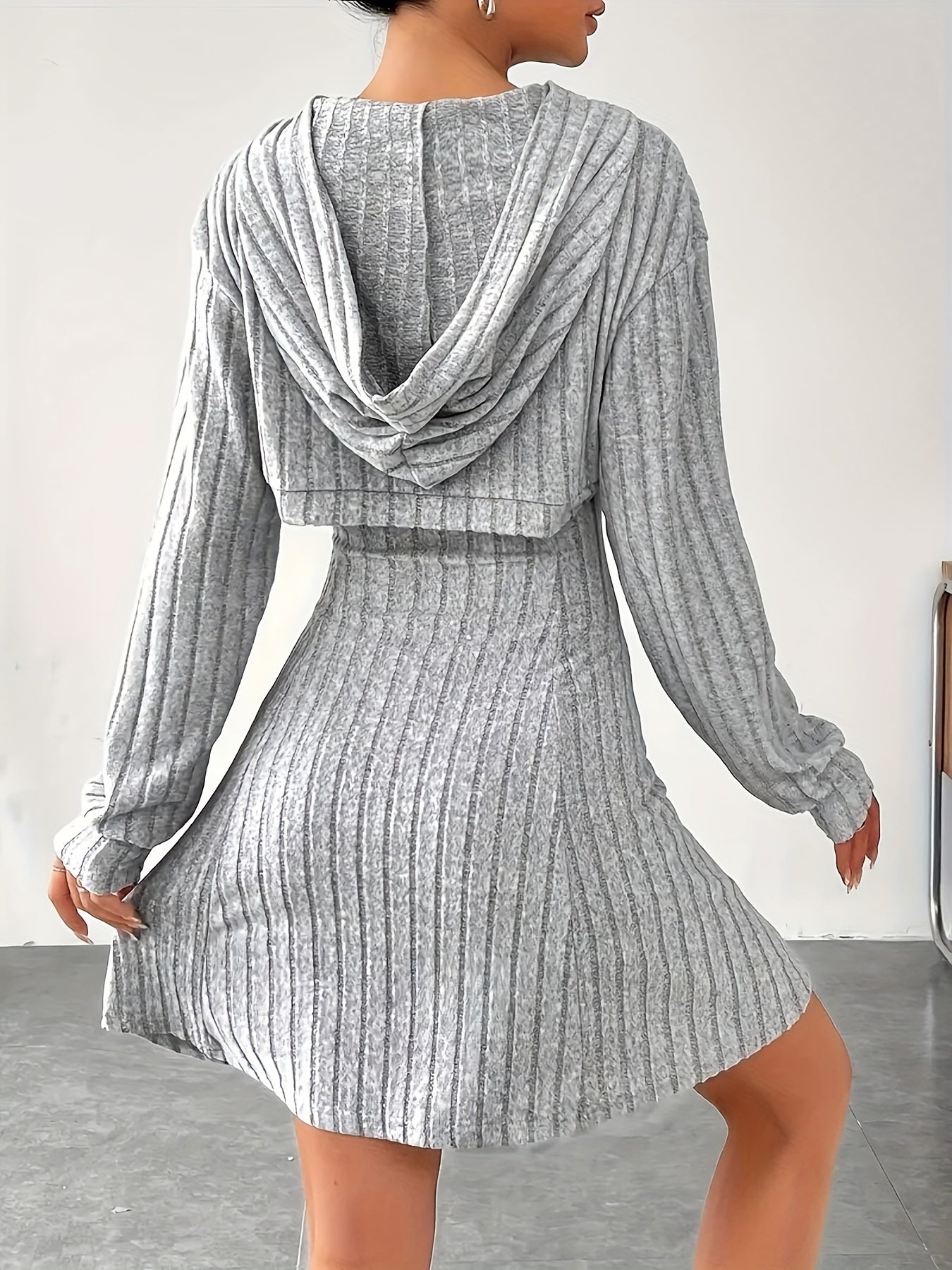 Orientation Fashion Solid Color Set Fall Winter Casual Elegant Long Sleeve Hooded Top Suspenders Slim Fit Dress Women'S Dress Set