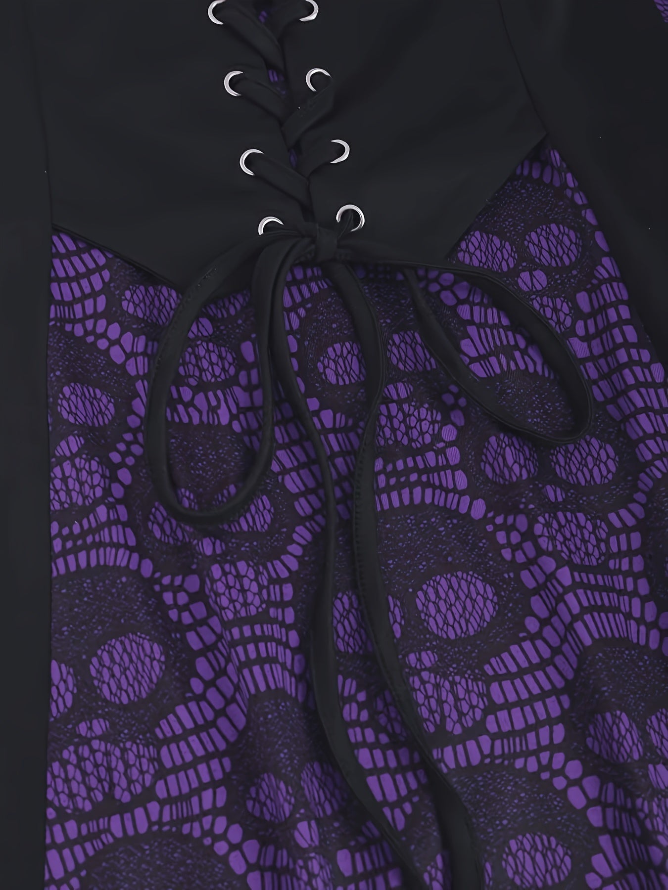 Gothic Style Plus Size Women's Top with Skull Print, Tie Waist Bell Sleeves, Casual Knit Fabric Pullover with Cross Straps, Halloween Pattern, Spring/Fall Collection