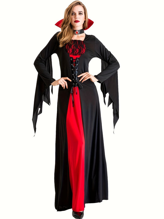 False Lace Dress with Laces for Halloween, Long Sleeve Dress for Vampire Cosplay, Women's Clothing, Carnival
