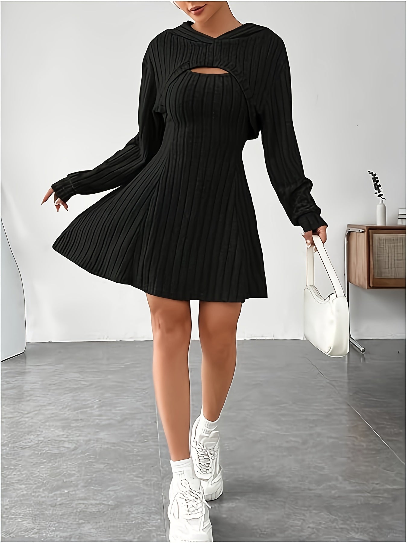 Orientation Fashion Solid Color Set Fall Winter Casual Elegant Long Sleeve Hooded Top Suspenders Slim Fit Dress Women'S Dress Set