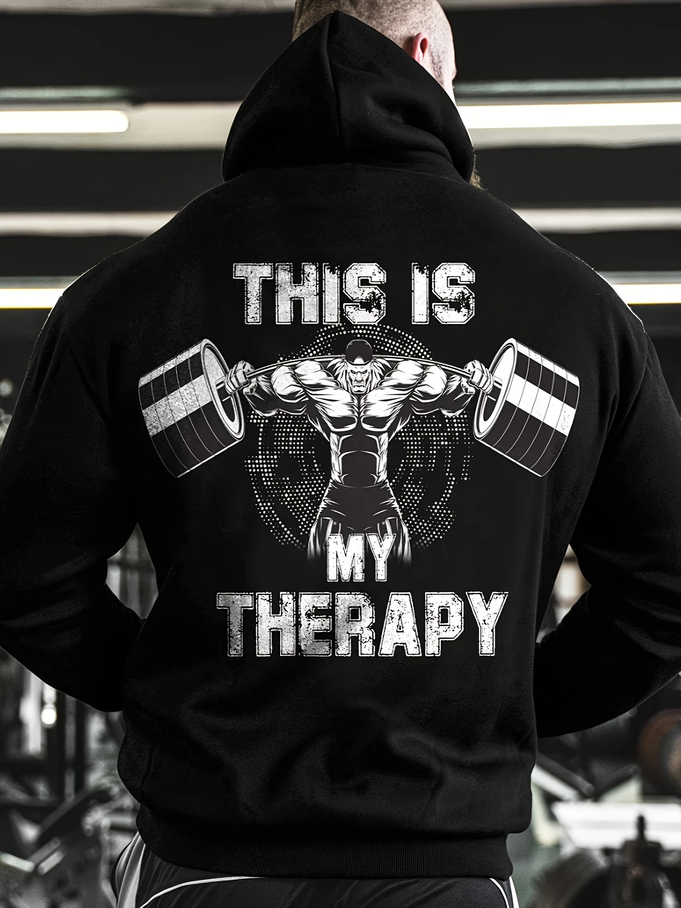 Men's Athletic Hoodie with "This Is My therapy Muscle Graphic - Black, Long Sleeve, Kangaroo Pocket, Stretch Polyester Fabric, Casual Fitness & Outdoor Wear