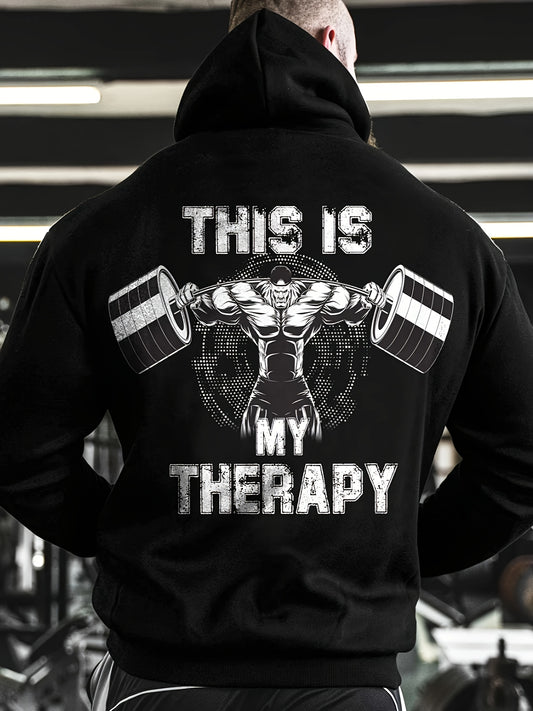 Men's Athletic Hoodie with "This Is My therapy Muscle Graphic - Black, Long Sleeve, Kangaroo Pocket, Stretch Polyester Fabric, Casual Fitness & Outdoor Wear