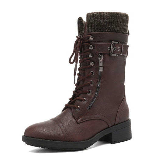 Women's Winter Lace up Mid Calf Riding Boots TPR Outsole
