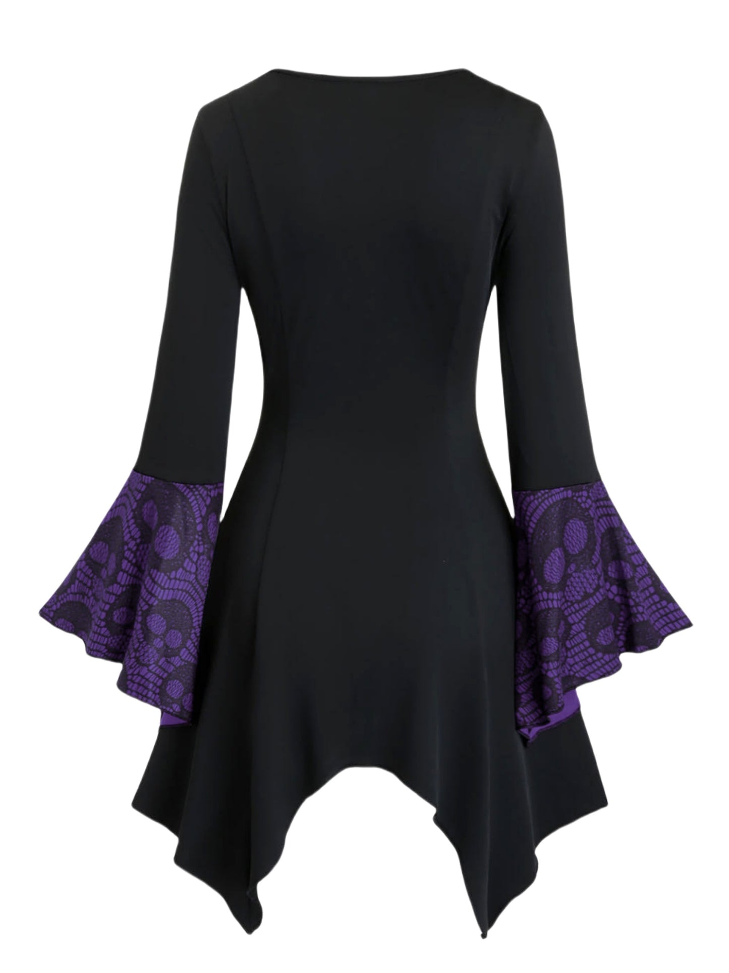 Gothic Style Plus Size Women's Top with Skull Print, Tie Waist Bell Sleeves, Casual Knit Fabric Pullover with Cross Straps, Halloween Pattern, Spring/Fall Collection