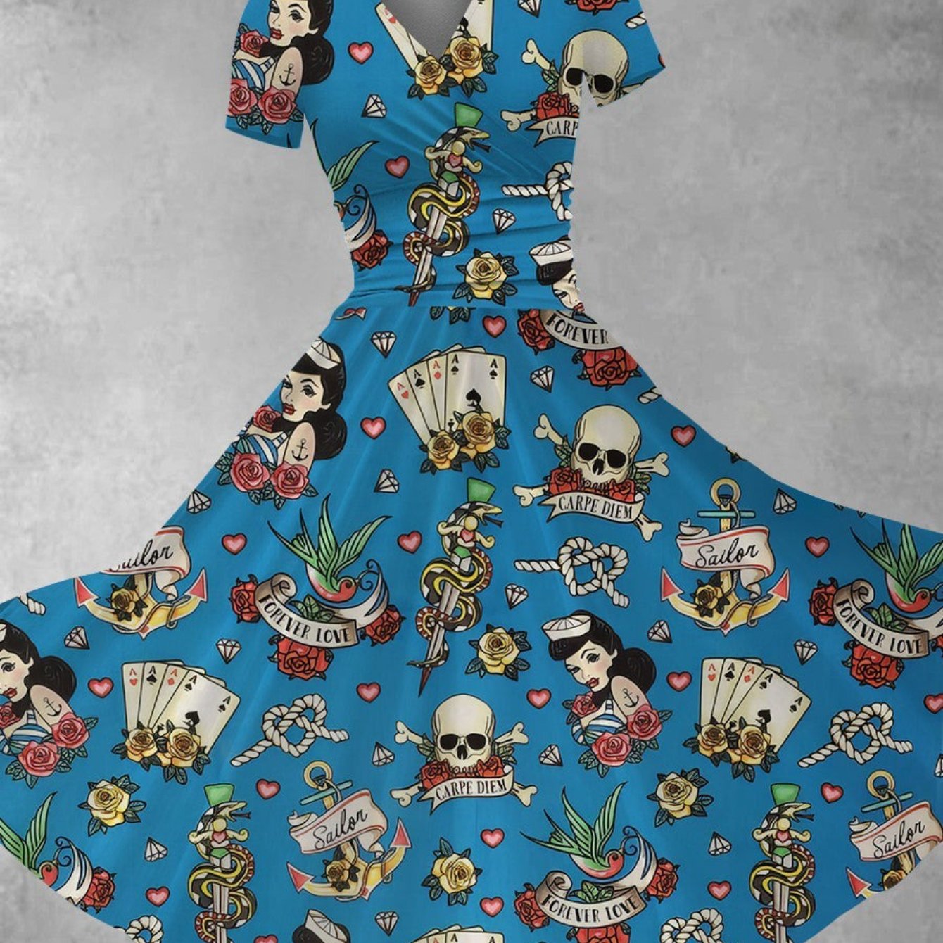 Plus Size - Women'S Halloween Party dress - Gothic costume with Playing Cards, V-Neck flared skirt, Lightweight for Halloween, Themed Events, Everyday Outfits - Plus Size Friendly Casual to Formal Attire, Halloween Clothes, E