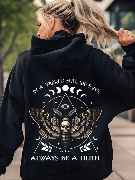 1pc Chic Women'S Hoodie with Moth & Skull Print, Long Sleeve Cotton Blend Casual Pullover with Kangaroo Pocket and Drawstring, Geometric & Letter Pattern, Halloween Theme, Regular Fit - All Seasons