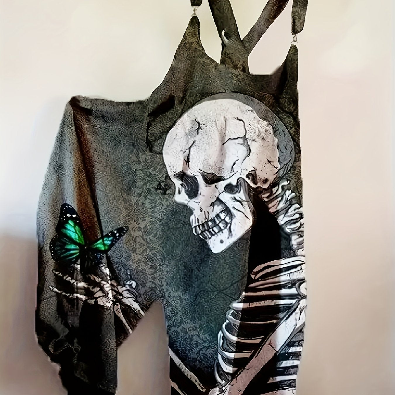 Plus Size - Women'S Gothic Skull & Butterfly Print Jumpsuit - Stretchy Black Romper with Lace-Up Detail, Sleeveless Design for Spring/Summer/Fall, Halloween-Themed Fashion, Halloween Costume | Gothic Fashion | Stretchy Fabric