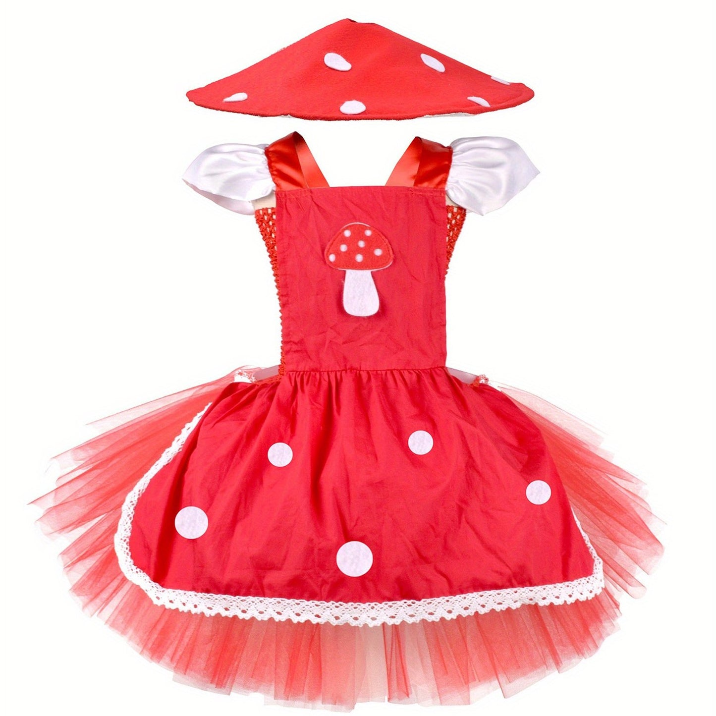 Charming Girls' Mushroom Set with Flutter Sleeves, Tulle Dress & Matching Hat