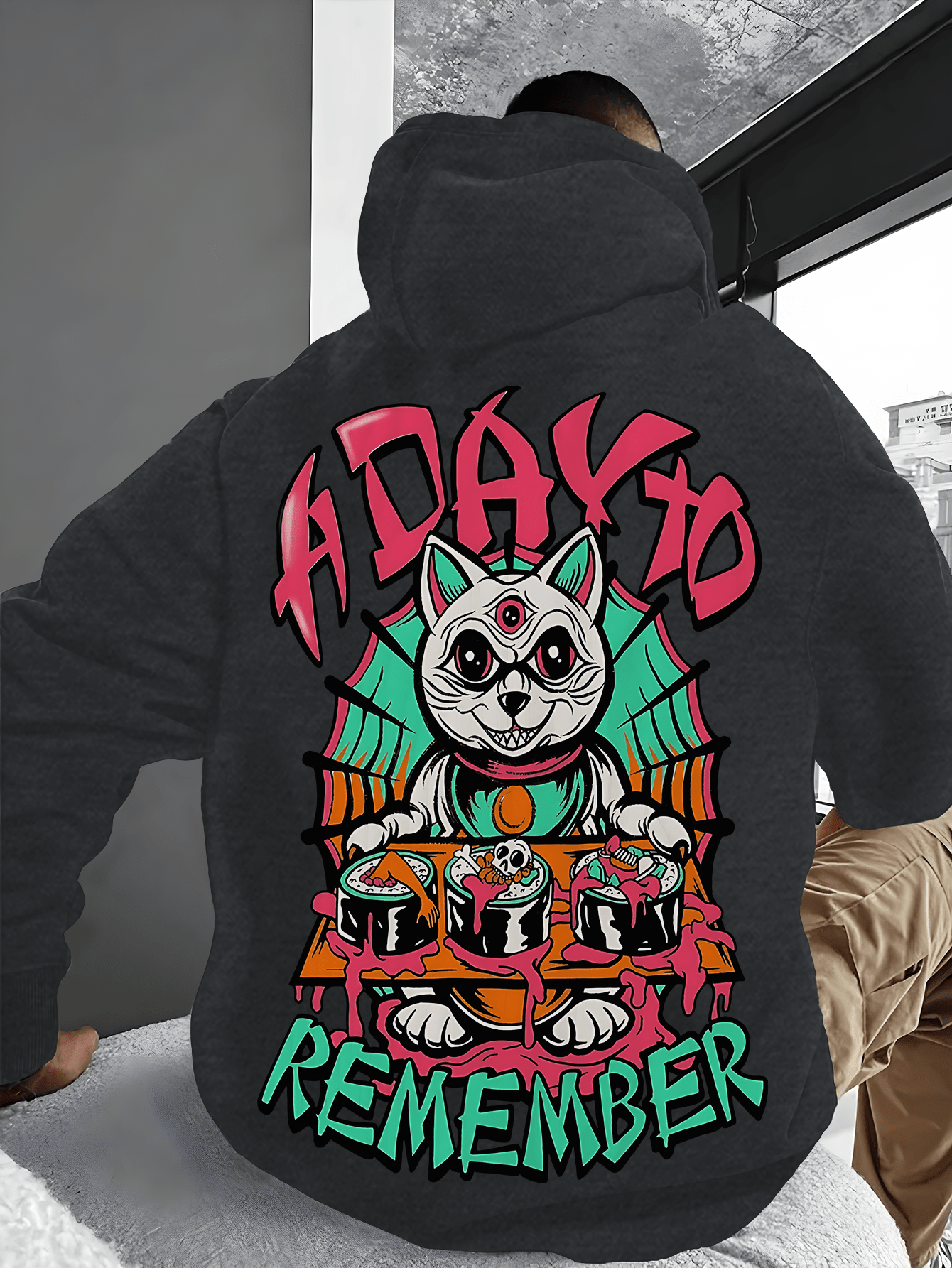 Handsome Men'S Hoodie with English Letters And Horror Elements Printed on It. Evil Kitten Cartoon Versatile Printed Hoodie with Pocket Details for Easy Release And Storage. Soft And Comfortable Fabric Is The Best Choice