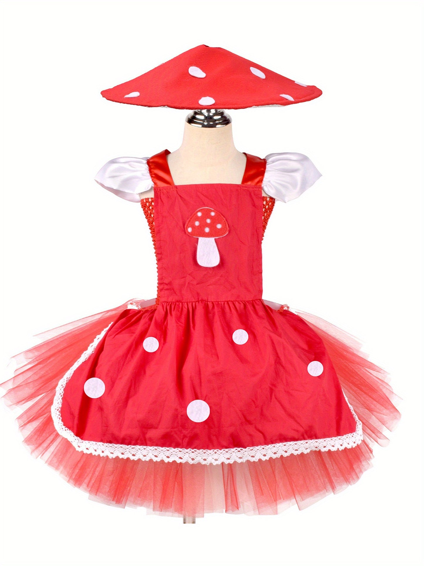 Charming Girls' Mushroom Set with Flutter Sleeves, Tulle Dress & Matching Hat