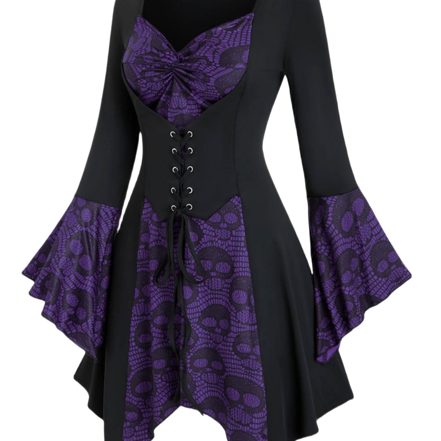 Gothic Style Plus Size Women's Top with Skull Print, Tie Waist Bell Sleeves, Casual Knit Fabric Pullover with Cross Straps, Halloween Pattern, Spring/Fall Collection