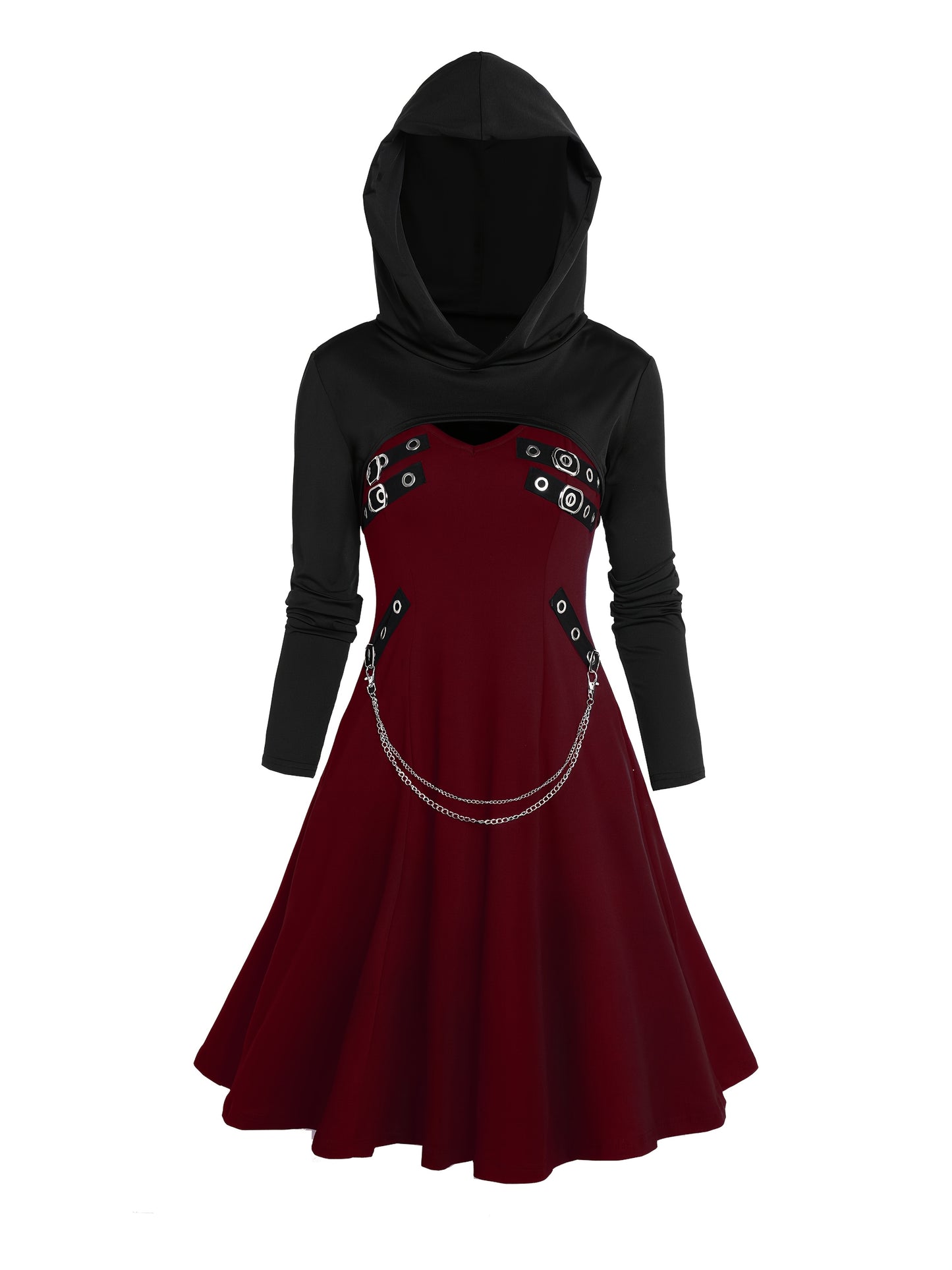 Rock Gothic Metal Piece Decorated V-Neck Vest Dress with Hooded Long Sleeve Top Two-Piece Set, Unique Gothic Style Detachable Chain Vest Skirt and Curved Hem Caped Long Sleeve Shirt, Versatile Separates Women's Outfit for Par