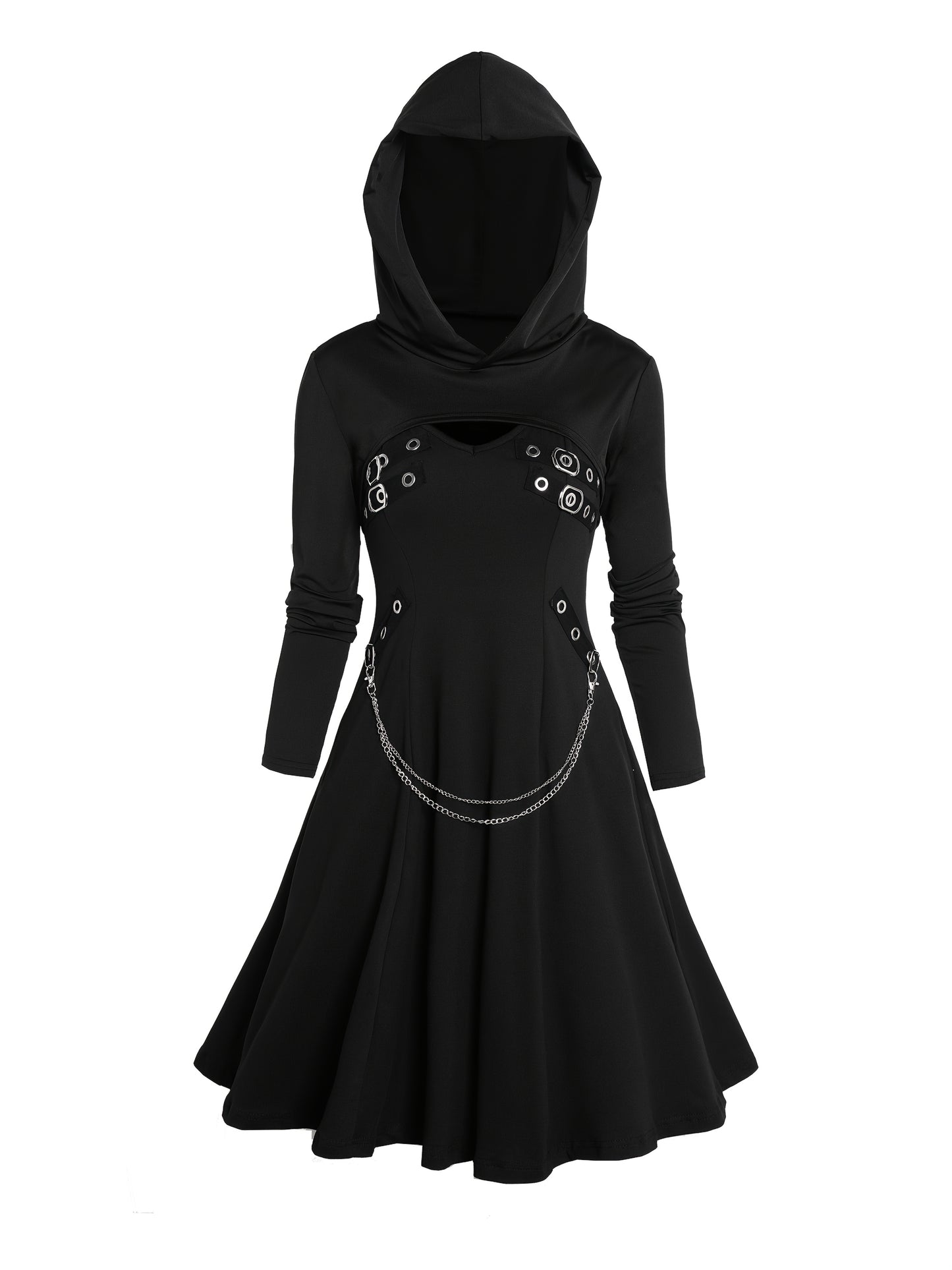 Rock Gothic Metal Piece Decorated V-Neck Vest Dress with Hooded Long Sleeve Top Two-Piece Set, Unique Gothic Style Detachable Chain Vest Skirt and Curved Hem Caped Long Sleeve Shirt, Versatile Separates Women's Outfit for Par