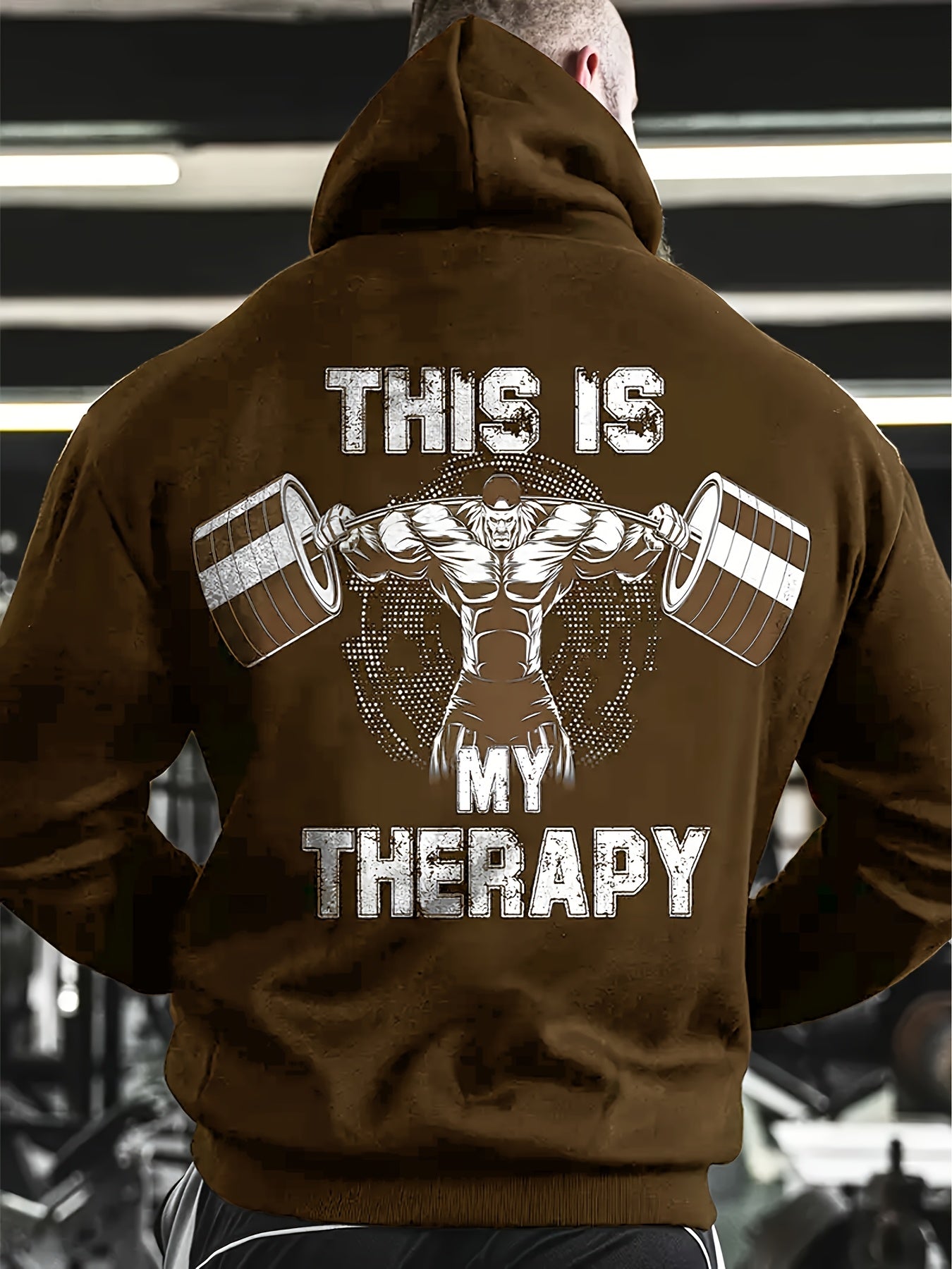 Men's Athletic Hoodie with "This Is My therapy Muscle Graphic - Black, Long Sleeve, Kangaroo Pocket, Stretch Polyester Fabric, Casual Fitness & Outdoor Wear
