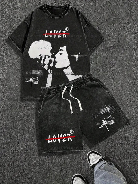 Washed Set, 230g Washed T-shirt, 290g Washed Shorts, Kiss Skull Printed Washed Set, High Quality Wax Cotton Suitable for Outdoor Sports in Summer, Casual Shorts T-shirt Shorts Set, Festival Gift, Perfect Gift
