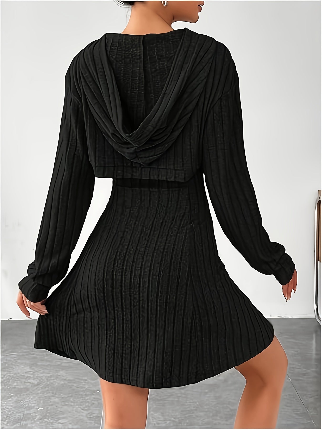 Orientation Fashion Solid Color Set Fall Winter Casual Elegant Long Sleeve Hooded Top Suspenders Slim Fit Dress Women'S Dress Set