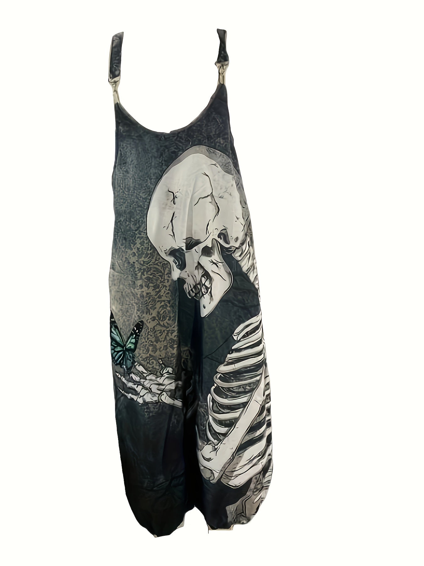 Plus Size - Women'S Gothic Skull & Butterfly Print Jumpsuit - Stretchy Black Romper with Lace-Up Detail, Sleeveless Design for Spring/Summer/Fall, Halloween-Themed Fashion, Halloween Costume | Gothic Fashion | Stretchy Fabric