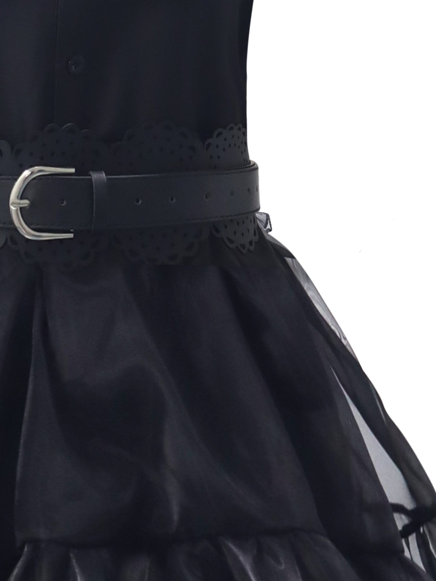Gothic Cosplay Mesh Dress, Shirt Collar Tiered Goth Dress For Party, Women's Clothing