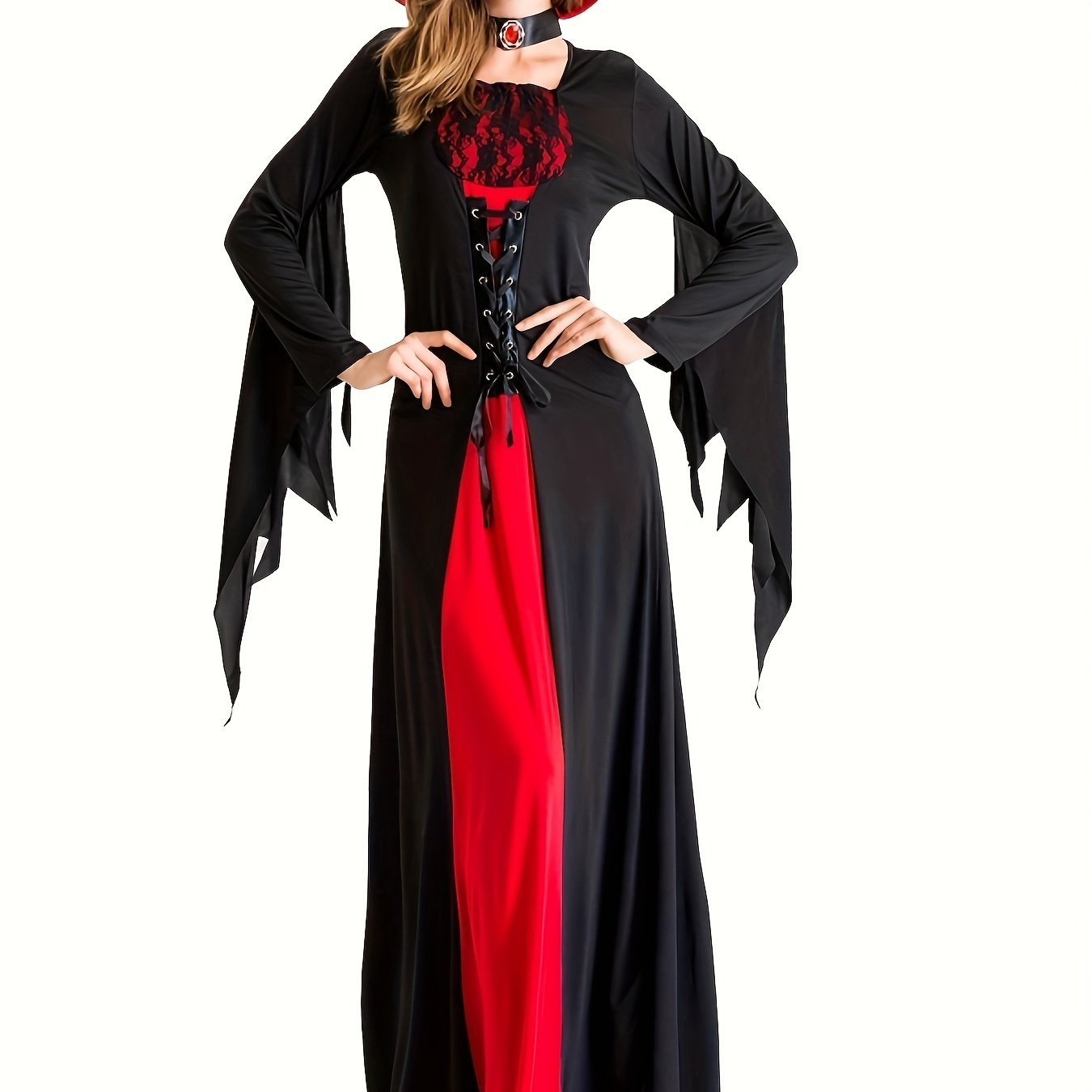 False Lace Dress with Laces for Halloween, Long Sleeve Dress for Vampire Cosplay, Women's Clothing, Carnival