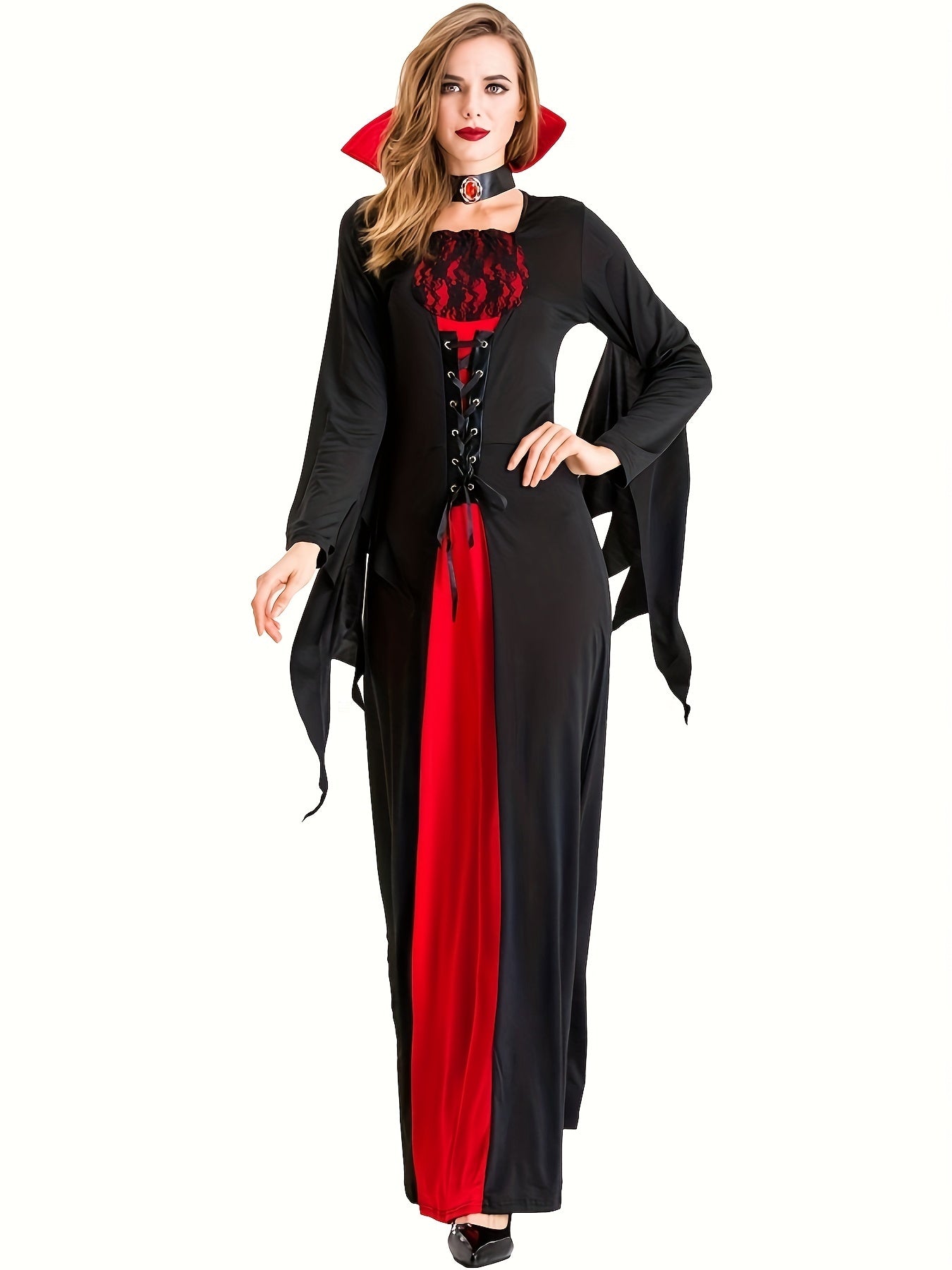 False Lace Dress with Laces for Halloween, Long Sleeve Dress for Vampire Cosplay, Women's Clothing, Carnival