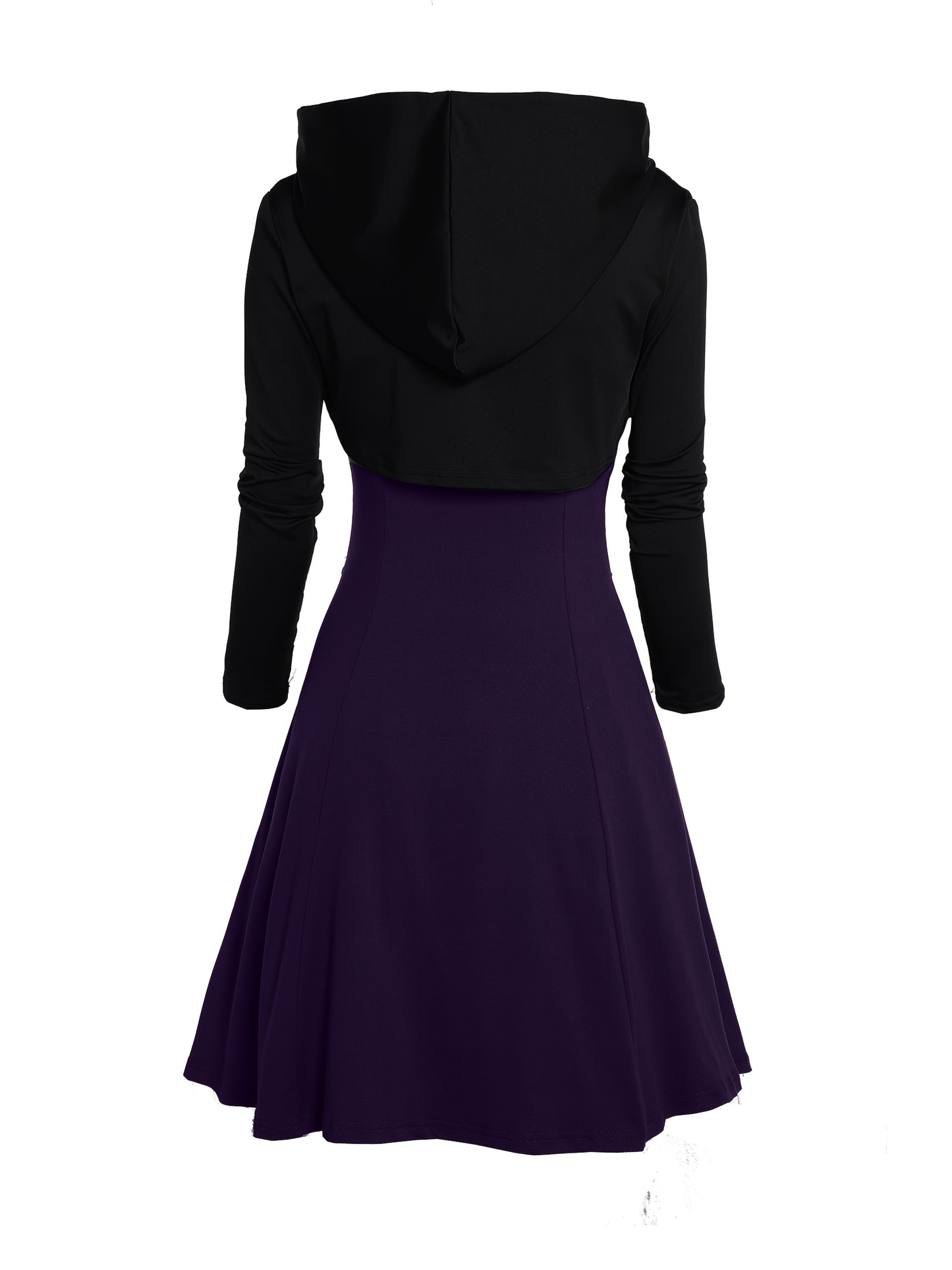 Rock Gothic Metal Piece Decorated V-Neck Vest Dress with Hooded Long Sleeve Top Two-Piece Set, Unique Gothic Style Detachable Chain Vest Skirt and Curved Hem Caped Long Sleeve Shirt, Versatile Separates Women's Outfit for Par