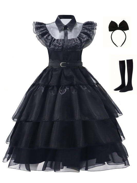 Gothic Cosplay Mesh Dress, Shirt Collar Tiered Goth Dress For Party, Women's Clothing