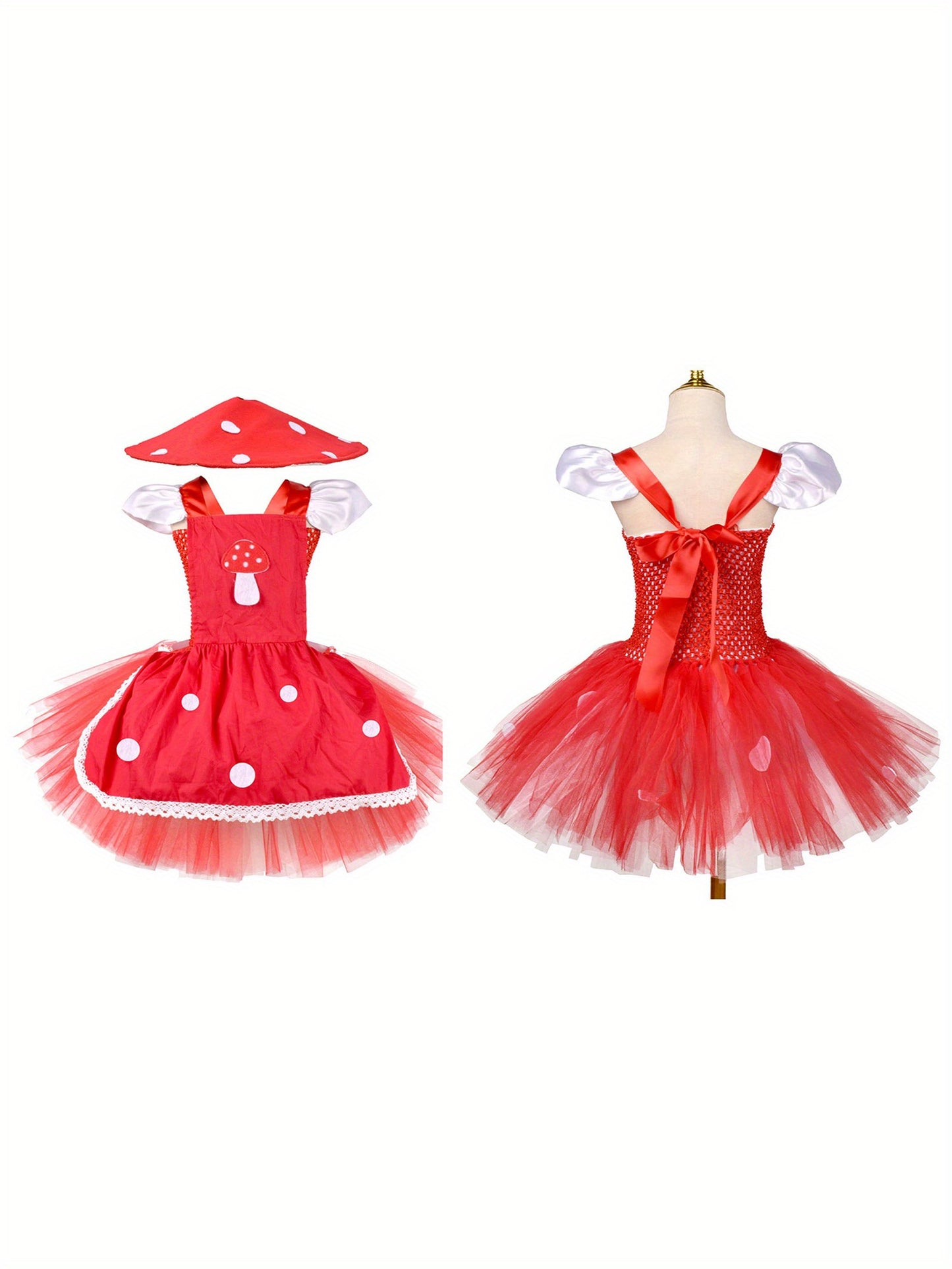 Charming Girls' Mushroom Set with Flutter Sleeves, Tulle Dress & Matching Hat
