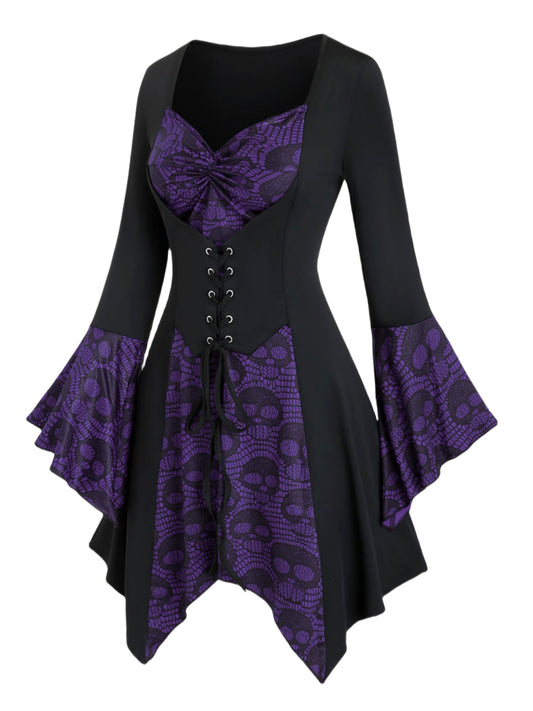 Gothic Style Plus Size Women's Top with Skull Print, Tie Waist Bell Sleeves, Casual Knit Fabric Pullover with Cross Straps, Halloween Pattern, Spring/Fall Collection