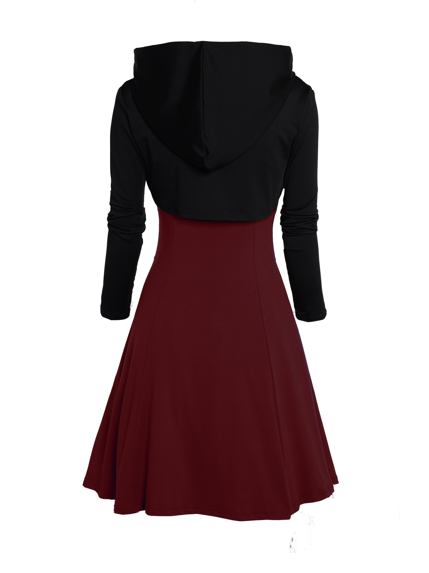 Rock Gothic Metal Piece Decorated V-Neck Vest Dress with Hooded Long Sleeve Top Two-Piece Set, Unique Gothic Style Detachable Chain Vest Skirt and Curved Hem Caped Long Sleeve Shirt, Versatile Separates Women's Outfit for Par