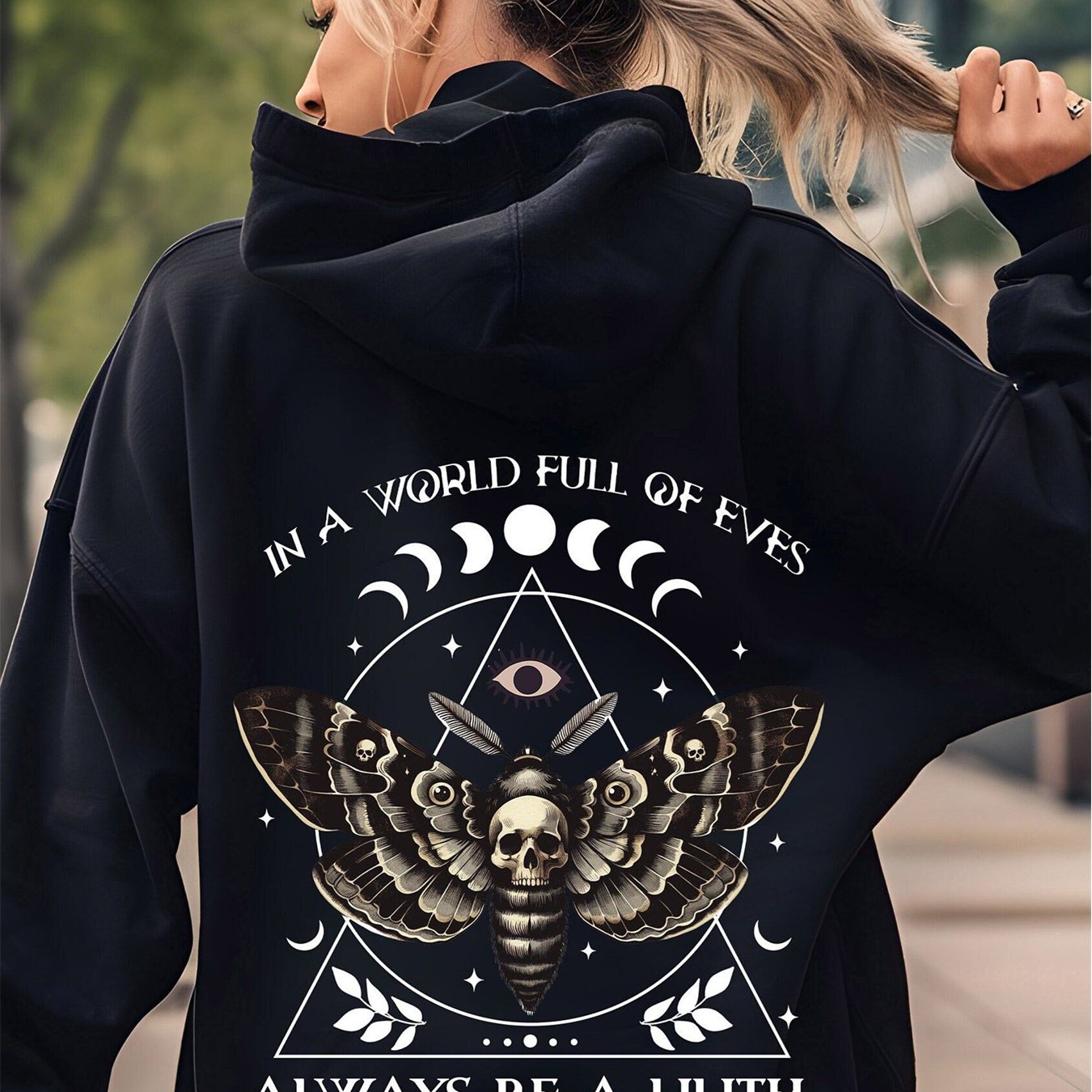 1pc Chic Women'S Hoodie with Moth & Skull Print, Long Sleeve Cotton Blend Casual Pullover with Kangaroo Pocket and Drawstring, Geometric & Letter Pattern, Halloween Theme, Regular Fit - All Seasons