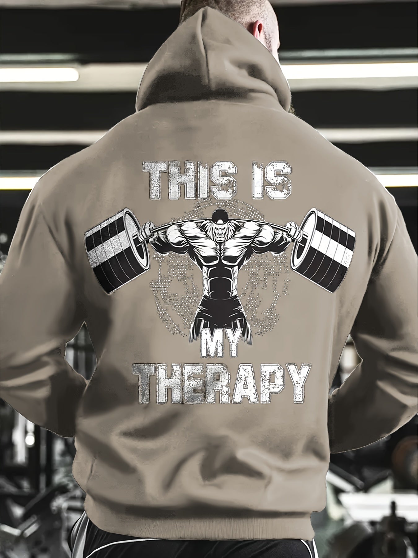 Men's Athletic Hoodie with "This Is My therapy Muscle Graphic - Black, Long Sleeve, Kangaroo Pocket, Stretch Polyester Fabric, Casual Fitness & Outdoor Wear