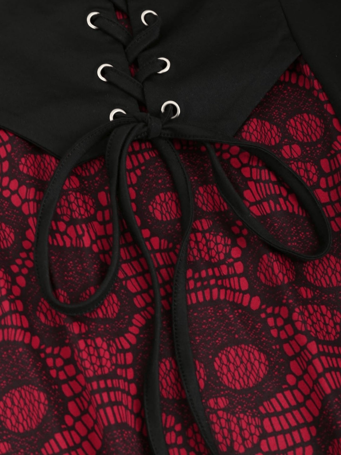 Gothic Style Plus Size Women's Top with Skull Print, Tie Waist Bell Sleeves, Casual Knit Fabric Pullover with Cross Straps, Halloween Pattern, Spring/Fall Collection