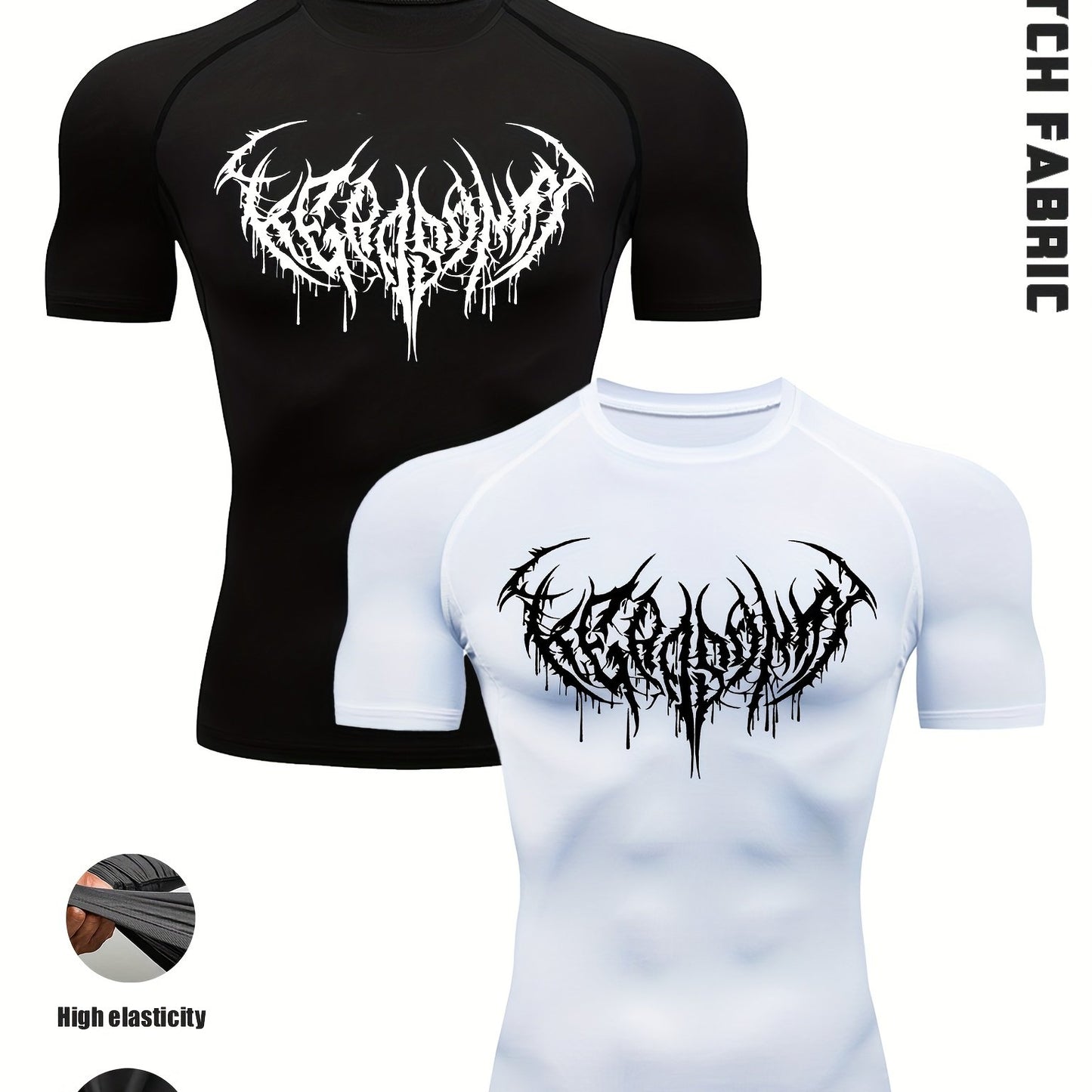 2pcs Men's Gothic Brotherhood Gym T-Shirts - Glow-in-Dark Wing Print & 3D Muscle Support, Anti-Slip Seams, Stretchy Polyester Blend Slim Fit for High-Intensity Training, Black & White Performance Apparel, Gym Shirts, Athletic