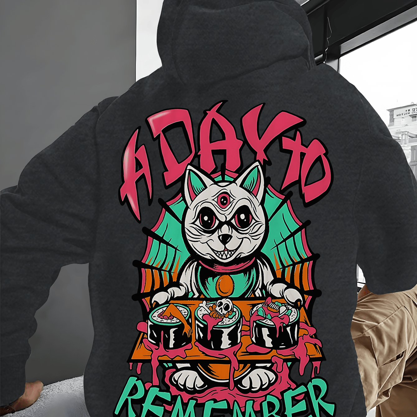 Handsome Men'S Hoodie with English Letters And Horror Elements Printed on It. Evil Kitten Cartoon Versatile Printed Hoodie with Pocket Details for Easy Release And Storage. Soft And Comfortable Fabric Is The Best Choice